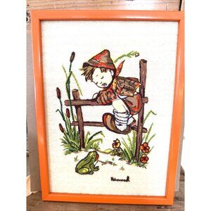 Vintage Art Hummel Wall Hanging Wood Frame Needlepoint Embroidered Boy Frog 8x10